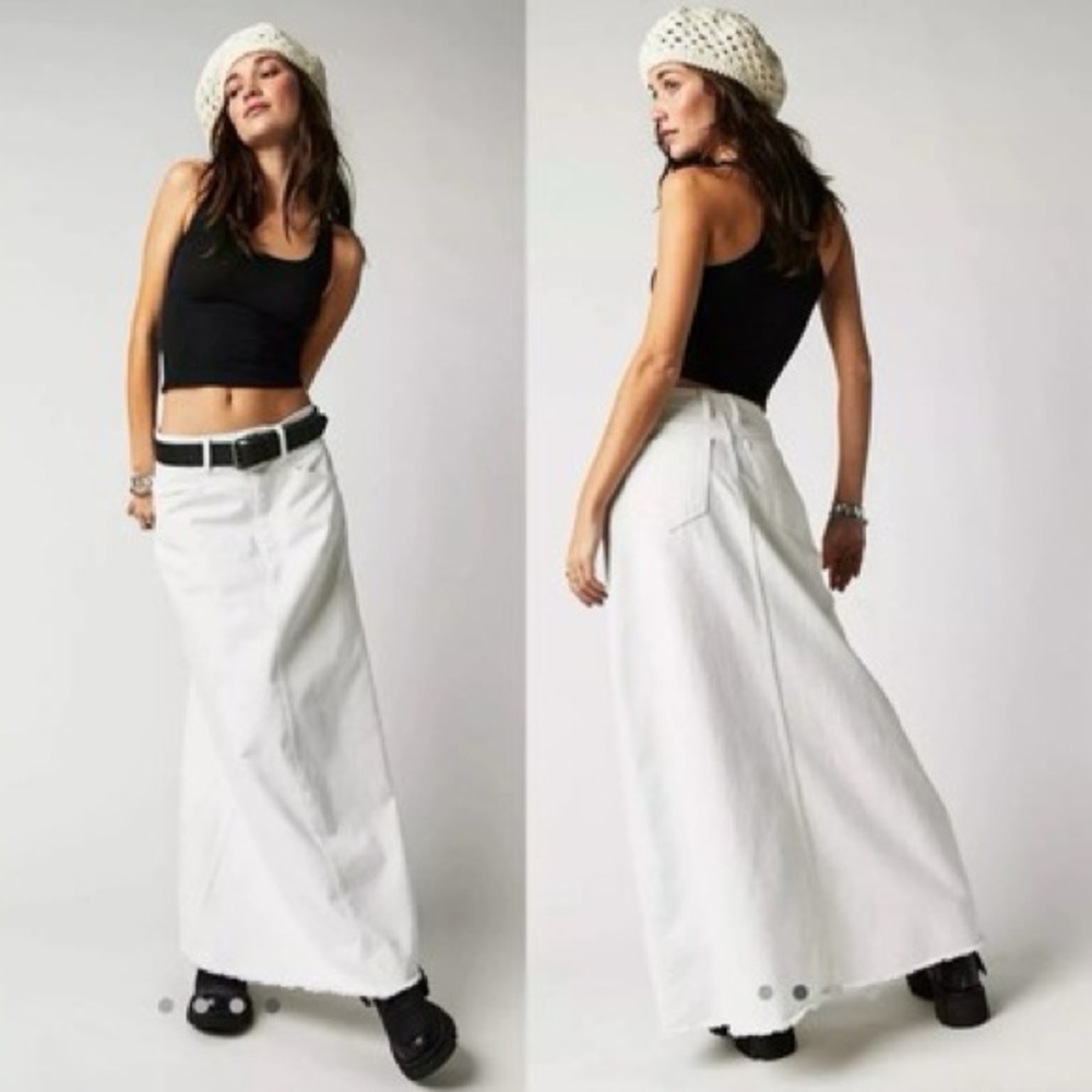 Free People White Denim Maxi Skirt